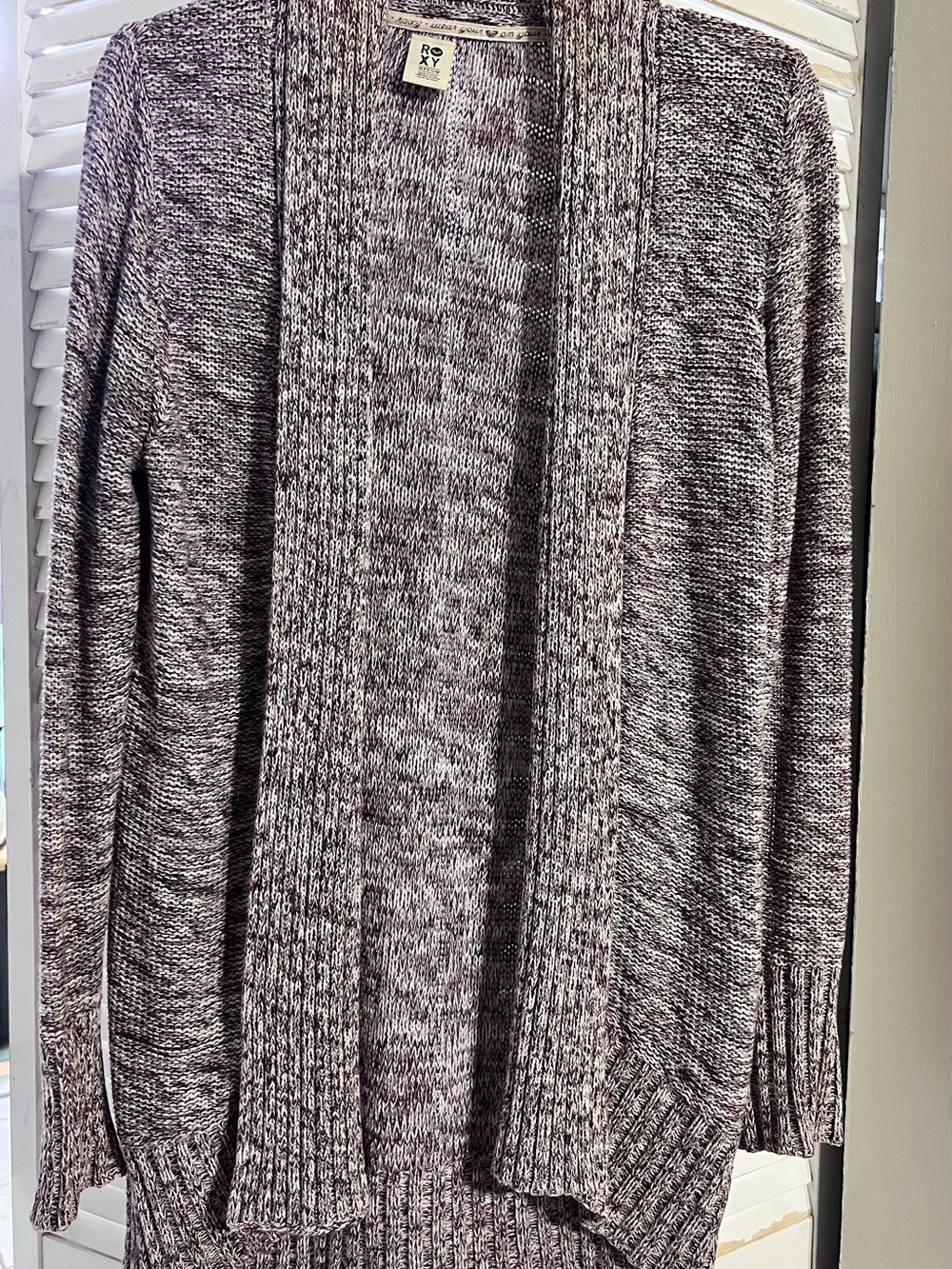 Roxy Marled Open-Front Cardigan in 100% Cotton Heathered Maroon and White